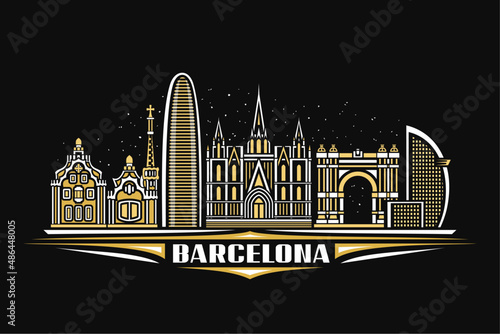 Vector illustration of Barcelona, dark horizontal poster with linear design barcelona city scape on dusk sky background, european urban line art concept with decorative lettering for word barcelona