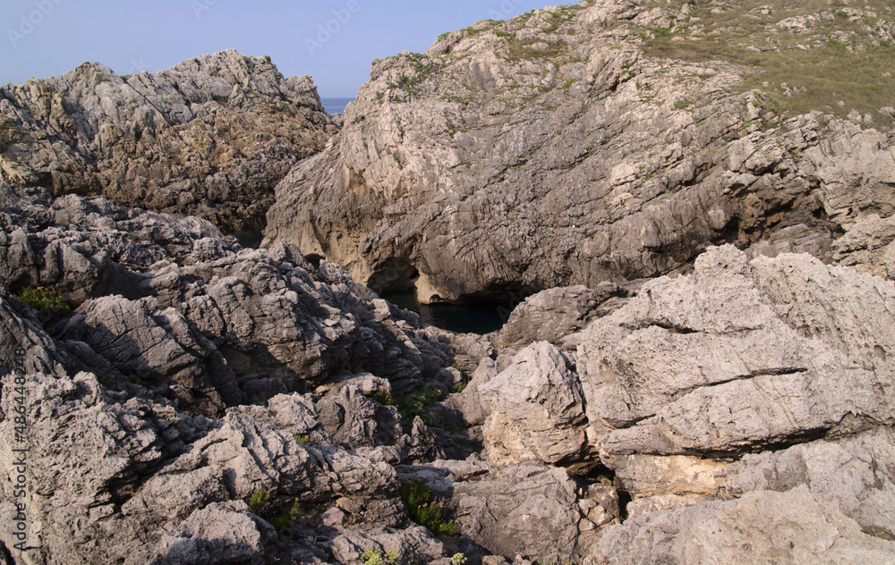 Coastal part of Cantabria in the north of Spain, Costa Quebrada, ie the Broken Coast, 
area around Playa de Somocuevas beach
