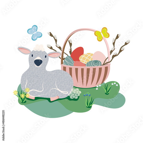 Spring Easter vector illustration. Basket with eggs and branches of willow, sheep, butterflys, spring flowers. Decorating spring elements for Easter and spring greeting cards. © NatalKa 