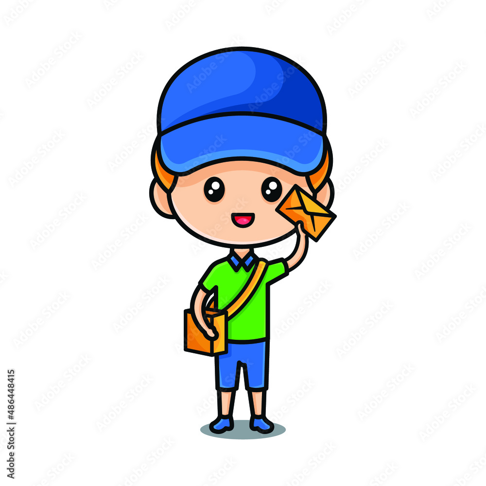 Postman, mailman, postal carrier or postie in uniform and cap carrying messenger bag and letter in envelope. Concept of express mail delivery service. Modern flat colorful vector illustration. Postman, mailman, postal carrier or postie in uniform and cap carrying messenger bag and letter in envelope. Concept of express mail delivery service. Modern flat colorful vector illustration.