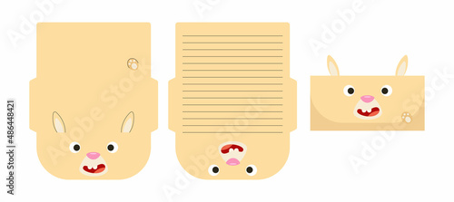 Cute lovely bunny letter writing stationery paper laser cutting card template. Animal design for greeting, invitation, thank you cards. Vector stock illustration.