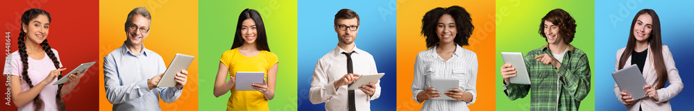 Digital Lifestyle. Group Of People With Tablet Computers Posing Over Colorful Backgrounds Digital Lifestyle. Group Of People With Tablet Computers Posing Over Colorful Backgrounds