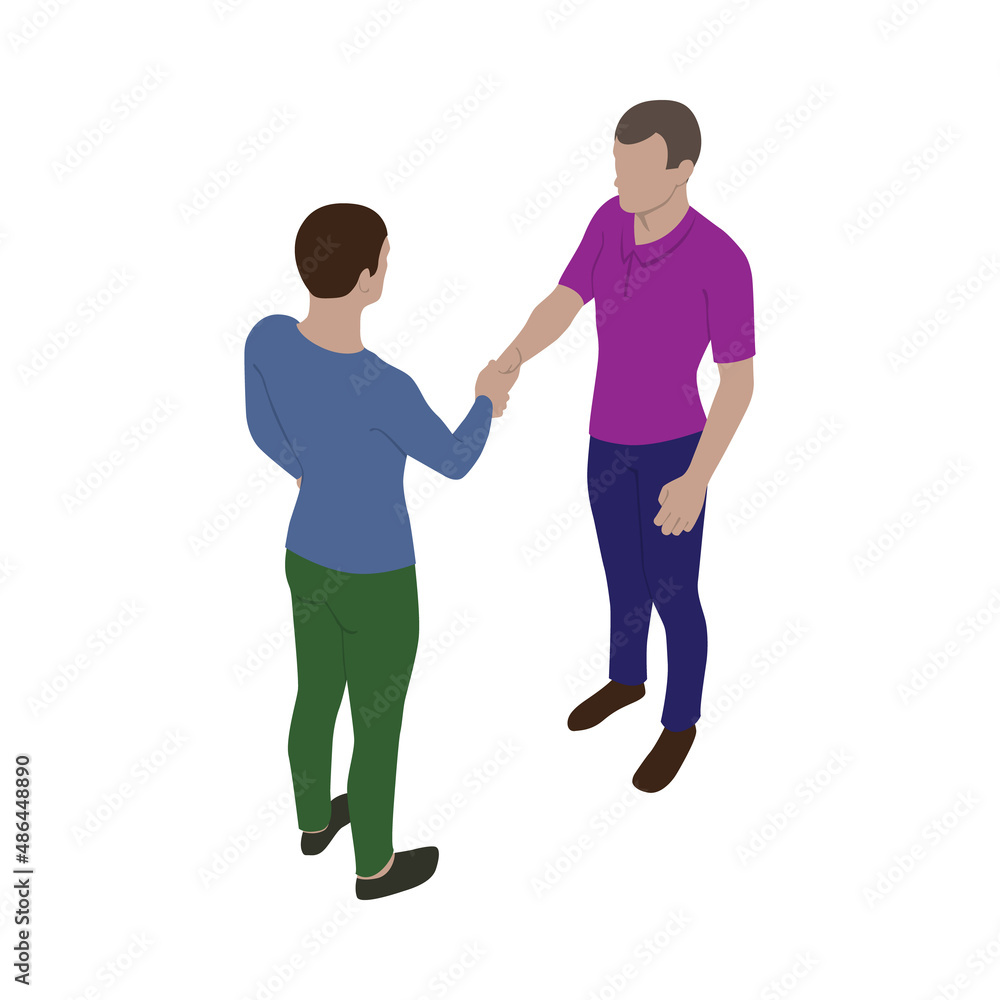 Two guys shake hands. Business partners handshake scene in isometric view. Two guys shake hands. Business partners handshake scene in isometric view.