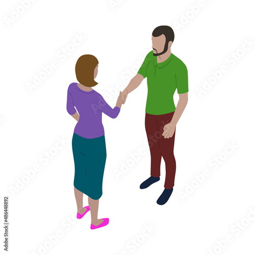 Man and woman shaking hands. Business partners or friends handshake scene in isometric view. © PerepadiaY