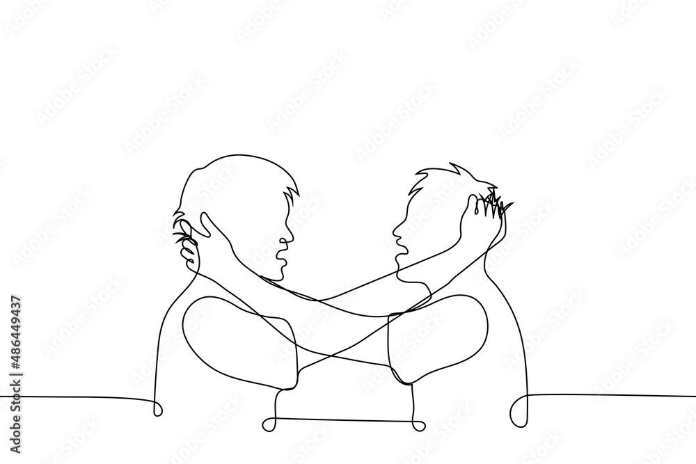 two men grabbed each other by the hair they are angry - one line drawing vector. concept of male fight, aggression two men grabbed each other by the hair they are angry - one line drawing vector. concept of male fight, aggression
