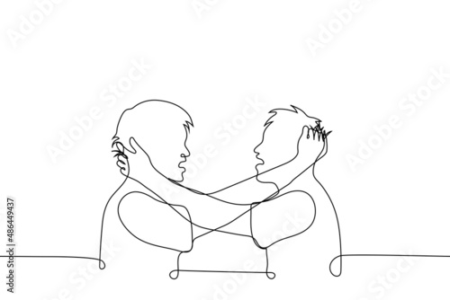 two men grabbed each other by the hair they are angry - one line drawing vector. concept of male fight, aggression