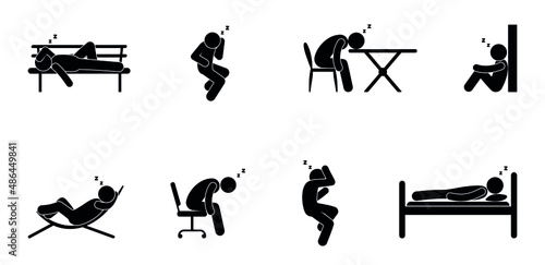 sleeping man icon, people sleep in various positions, stickman tired and fell asleep on the bench, in the office and in the bedroom, people silhouettes isolated, stick figure pictogram