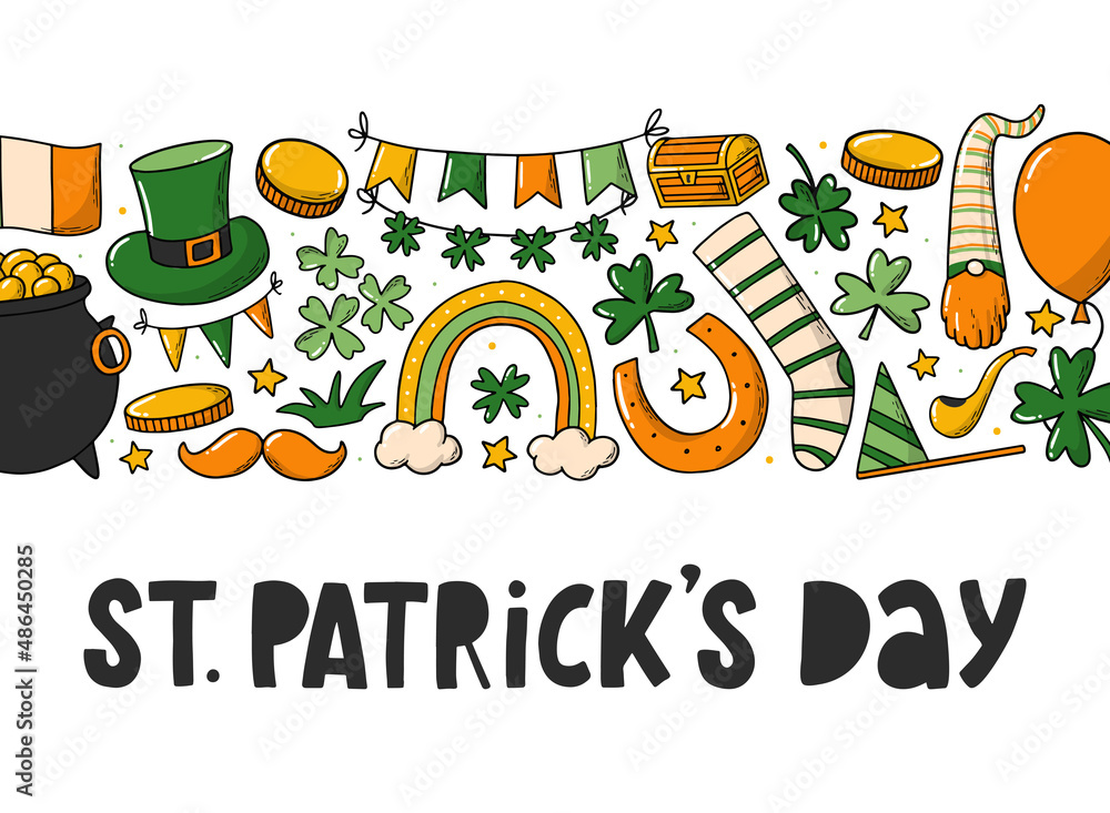 Fototapeta premium St.Patrick's day greeting card decorated with horizontal border of doodles. Good for banners, prints, invitations, posters, presents, etc. EPS 10