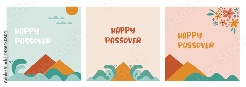 Jewish pesach holiday, Passover, greeting card set with the Egyptian pyramids and splitting sea. Happy Passover. Holiday Jewish exodus from Egypt. Pesach template for your design. Vector illustration