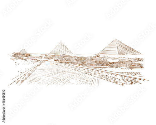Egypt. Giza. Pyramids. Beautiful view. Hand drawn sketch, vector illustration