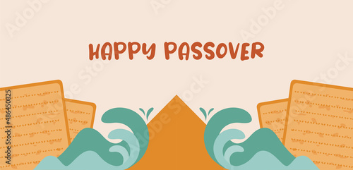 Passover greeting banner with the Egyptian pyramids and splitting sea and matza bread. Holiday Jewish exodus from Egypt. Pesach template for your design. Vector illustration