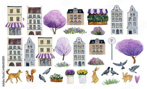 Photography watercolor house clipart, spring city town scene creator, pink blossom tree clip