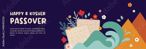 Jewish pesach holiday, Passover, greeting banner with traditional symbols, flowers and leaves. vector illustration