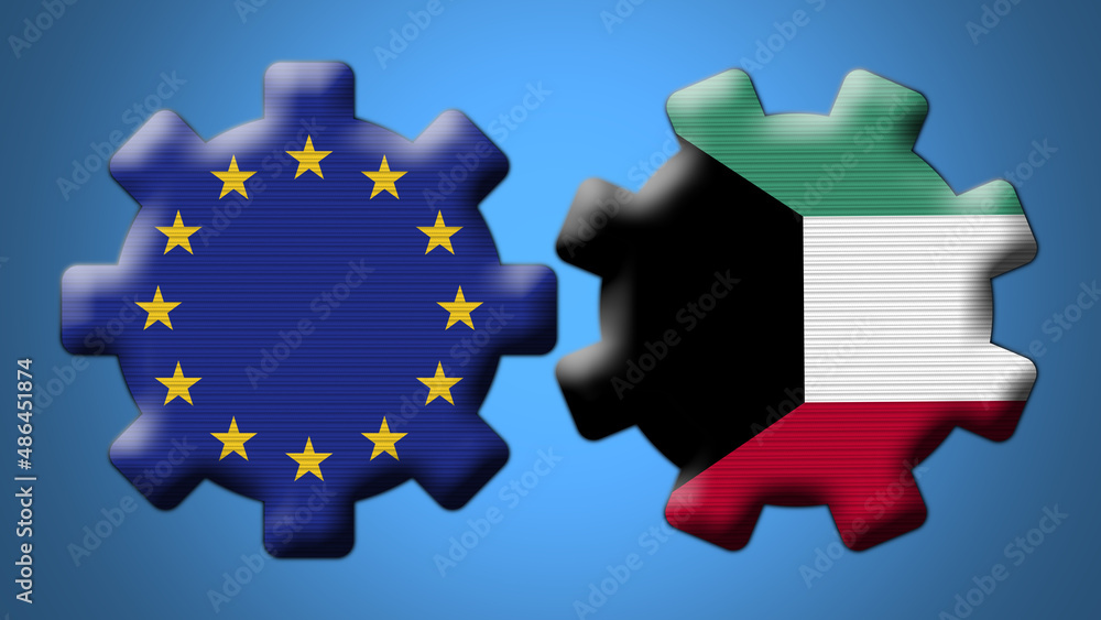 Naklejka premium Kuwait and European Union Wheel Gears Flags – 3D Illustration