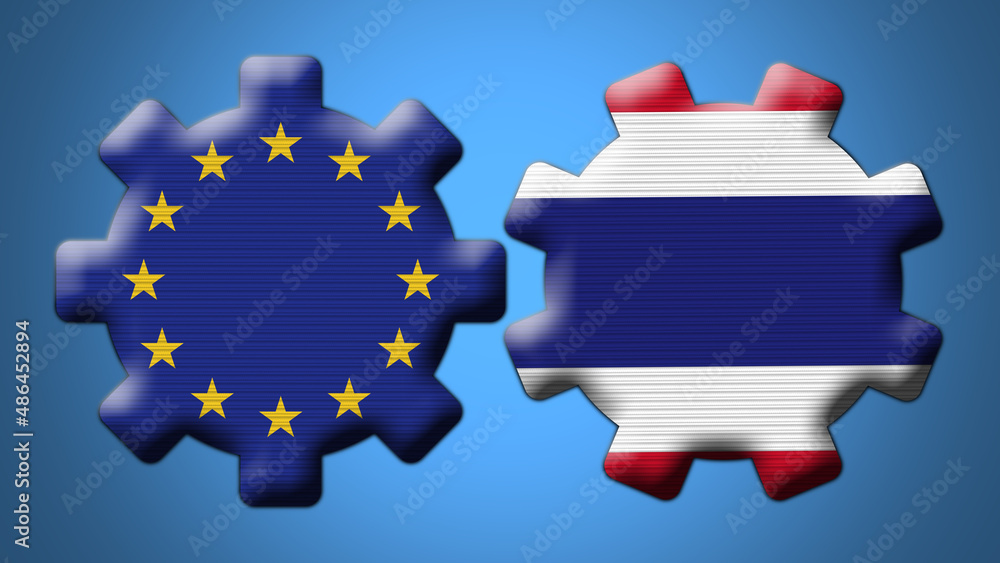 Naklejka premium Thailand and European Union Wheel Gears Flags – 3D Illustration