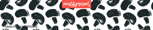 Vector champignon hand-drawn Illustration. Mushrooms pattern seamless. Vegetarian cooking courses banner. Edible fungi wallpapers. Drawings for champignons label design. Mushroom soup ingredients.