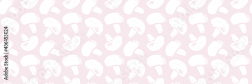 Vector champignon hand-drawn Illustration. Mushrooms pattern seamless. Vegetarian cooking courses banner. Edible fungi wallpapers. Drawings for champignons label design. Mushroom soup ingredients.
