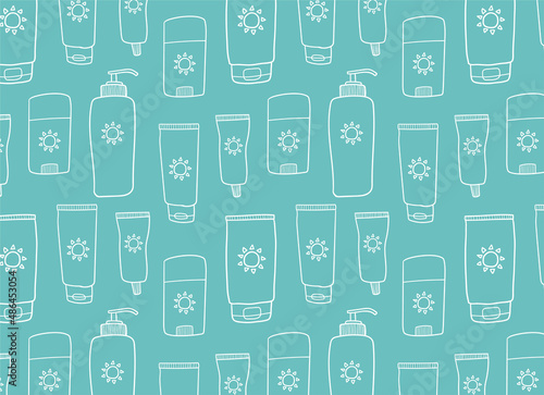 Sunblock seamless pattern vector design. Line art sunscreen cream bottles isolated on aquamarine blue background. Summer skincare SPF cosmetic texture for wrapping, textile, fabric pattern design.