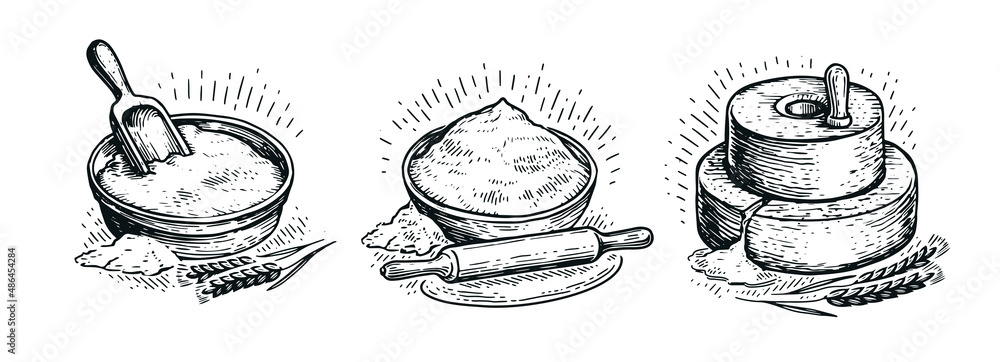 Bakery concept in vintage engraving style. Wheat flour, bread, millstone, dough sketch vector illustration