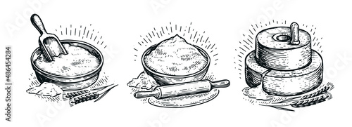 Bakery concept in vintage engraving style. Wheat flour, bread, millstone, dough sketch vector illustration