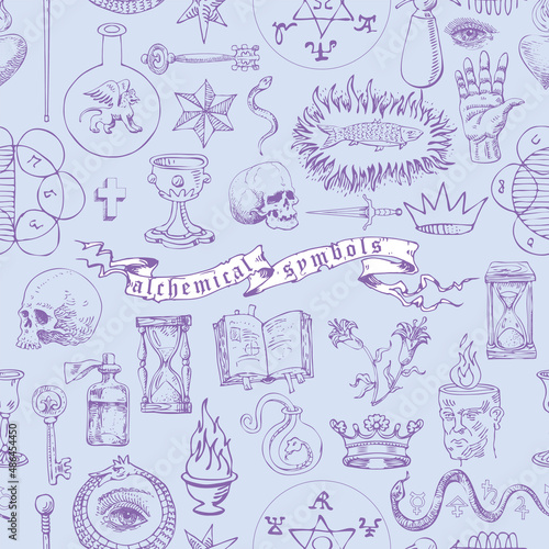 vector image of a seamless texture for printing on fabric and paper in the form of an alchemical formula with encrypted symbols in the style of medieval old graphic manuscripts text lorem ipsum