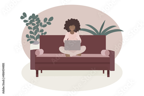 Vector illustration of an African-American woman sitting on a sofa with a laptop. The concept of communication, information retrieval, work with the use of the Internet.