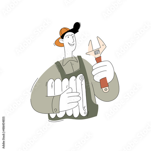 A construction worker character. Plumber technician Installing the heating radiator. Vector illustration of a flat style isolated on a white background.