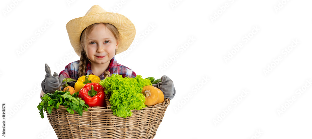 Portrait of cute little girl, emotive kid in image of farmer, gardener with large basket of vegetables isolated on white background. Concept of job, work, childhood, games