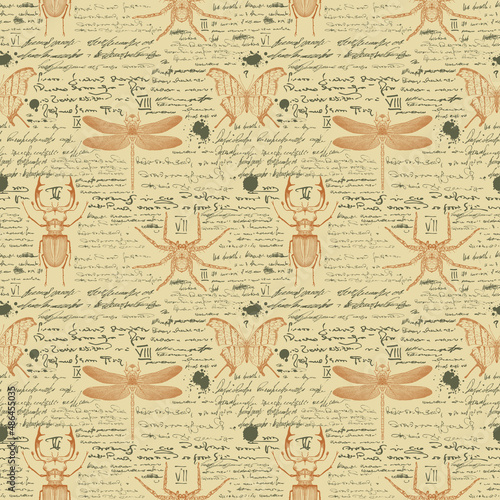 vector image of a seamless textured background for printing on fabric and paper in the style of notes from an entomologist's diary with sketches, formulas and notes and sketches of insects text lorem 