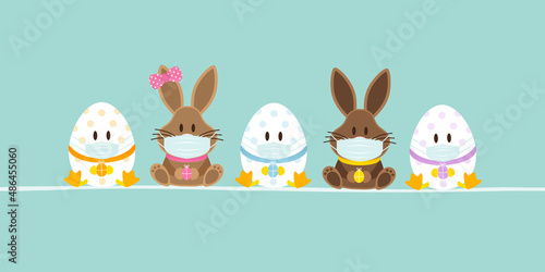 Sitzende Osterhasen Junge & Mädchen Mit 3 Ostereiern Maske Banner Türkis