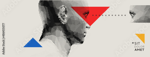 Cover design template. Side view of dotted face background. Geometric pattern. 3D vector illustration for brochure, poster, card, invitation, poster, textile print, presentation, flyer or banner.