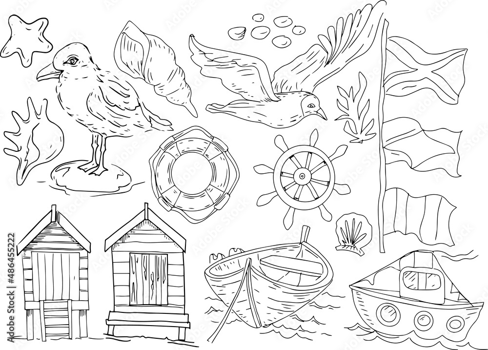 Seagulls boat flags sea travel stones tropical coloring book for kids exotic graphics ink