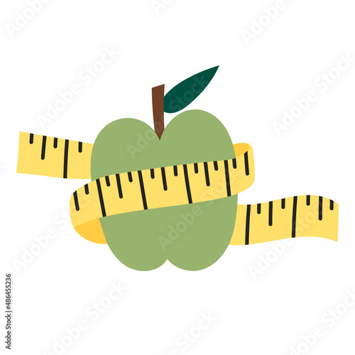 Green apple with yellow measuring tape. Diet and healthy lifestyle. Vector hand drawn illustration in flat cartoon style. Isolated on white background.