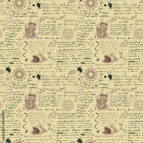 Vector image of a seamless texture for printing on fabric and paper in the style of a medieval marine record, sketch, engraving of the captain's diary font lorem ipsum