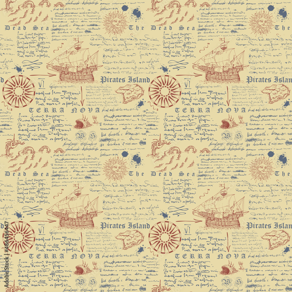 Fototapeta premium Vector image of a seamless texture for printing on fabric and paper in the style of a medieval marine record, sketch, engraving of the captain's diary font lorem ipsum