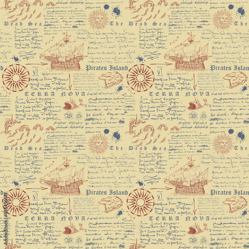 Fototapeta Naklejka Na Ścianę i Meble -  Vector image of a seamless texture for printing on fabric and paper in the style of a medieval marine record, sketch, engraving of the captain's diary font lorem ipsum