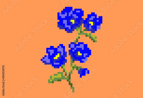 Illustration of a blue violet flowers in pixel art style