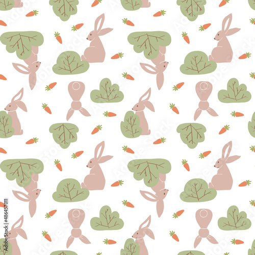 Summer brown rabbits on field with bushes and carrots. Cute simple seamless pattern. Vector illustration with hares in hand drawn style.