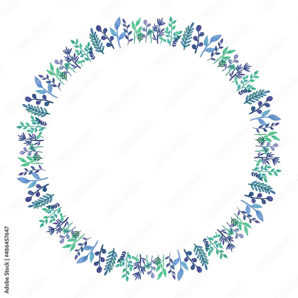 ブルーグリーン系 水彩のリーフ・植物のリース・フレームセット ラスター素材 ブルーグリーン系 水彩のリーフ・植物のリース・フレームセット ラスター素材