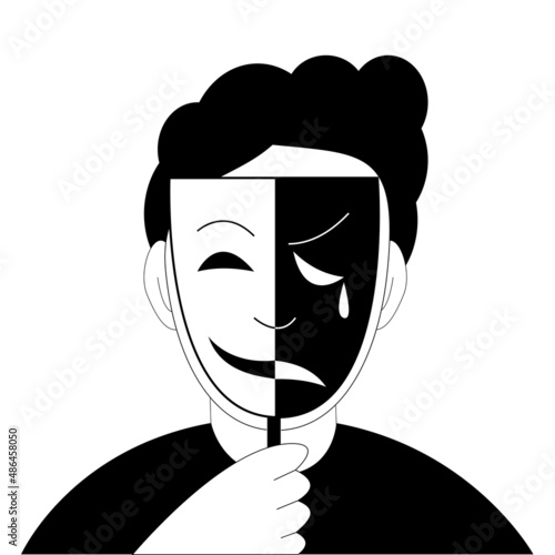 The character covers his face with a two-faced mask. Vector illustration for content about psychology.