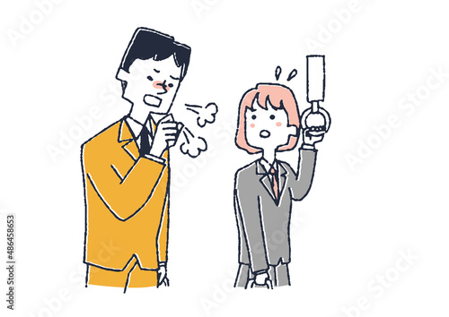 隣の男性の咳の飛沫に怯えている女の子　コミカルな手書きの人物イラスト　ベクター線画にシンプルな色つけ