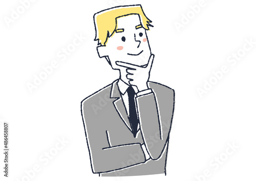 考え事をしているビジネスマン　コミカルな手書きの人物イラスト　ベクター線画にシンプルな色つけ　