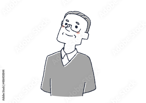 上を見ている高齢男性　コミカルな手書きの人物イラスト　ベクター線画にシンプルな色つけ　白バック