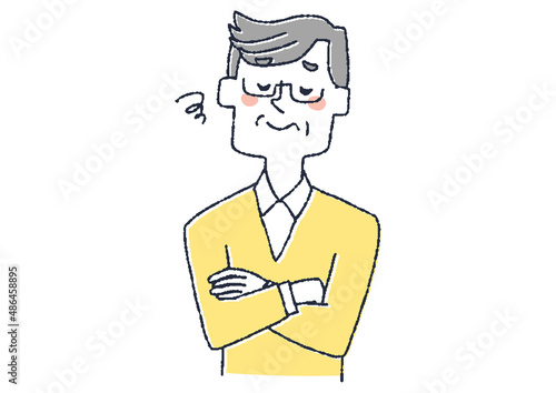 がっかりしている高齢男性　コミカルな手書きの人物イラスト　ベクター線画にシンプルな色つけ　白バック