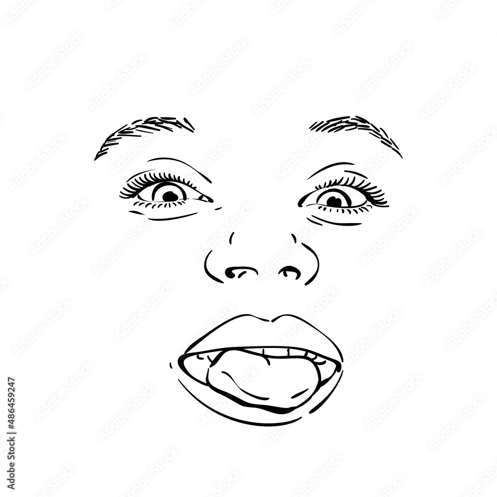 Face of positive happy teenage girl going crazy showing her tongue, Vector black linear sketch on white background Face of positive happy teenage girl going crazy showing her tongue, Vector black linear sketch on white background
