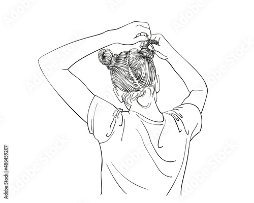 Sketch of girl making two buns hairstyle, pulling hair with hands, view from back, Hand drawn vector line art illustration