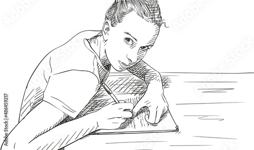 Sketch of girl writing in notebook, Hand drawn vector illustration