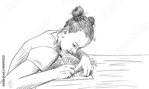 Sketch of girl with two buns hairstyle writing in notebook, Hand drawn vector illustration