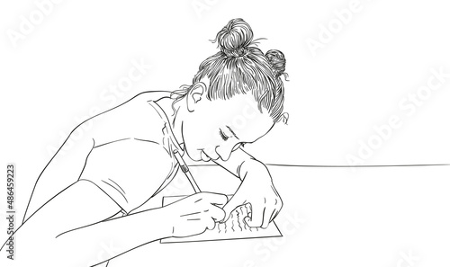 Sketch of girl with two buns hairstyle writing in notebook, Hand drawn vector linear illustration