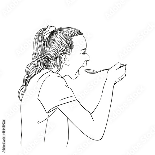 Hand drawn sketch of eating teenage girl with her mouth wide opened, Vector linear illustration